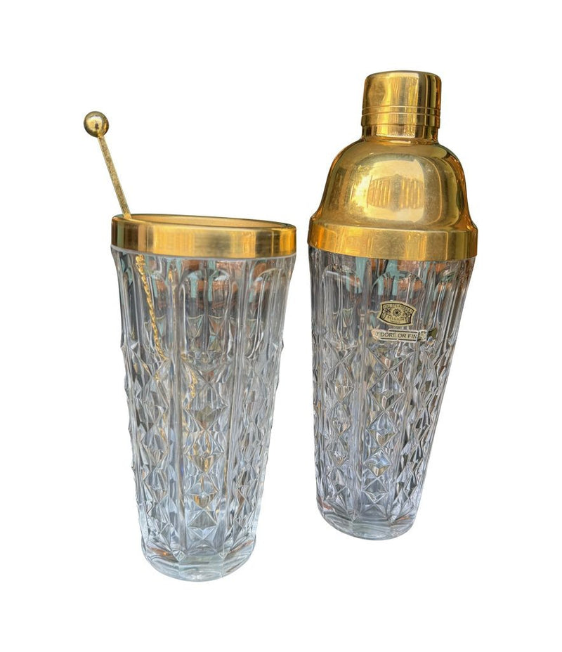 Mid century Val Saint Lambert crystal and gold cocktail shaker set with jug - 1960s