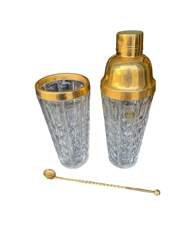 Mid century Val Saint Lambert crystal and gold cocktail shaker set with jug - 1960s