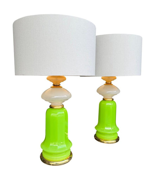 Mid century table lamps Murano glass opaline lime green white and pastel yellow by Gino Cenedese