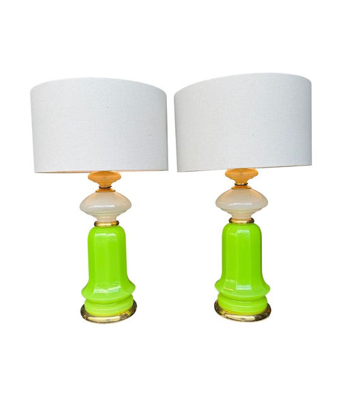 Mid century table lamps Murano glass opaline lime green white and pastel yellow by Gino Cenedese