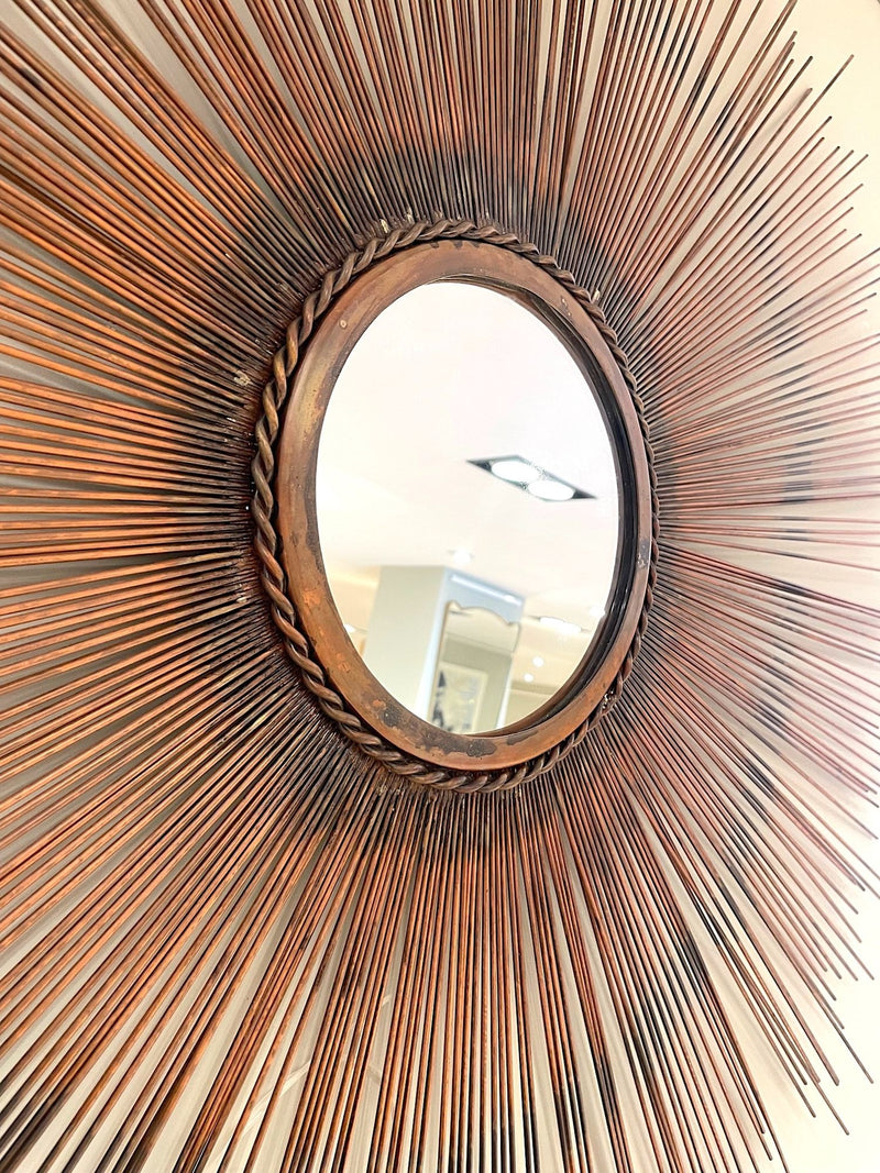Mid Century Curtis Jere Copper sun burst mirror with rope twist detail