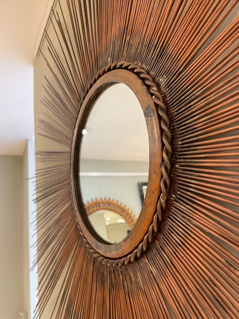 Mid Century Curtis Jere Copper sun burst mirror with rope twist detail
