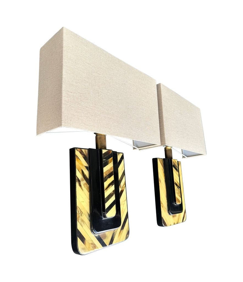 Mid century wall sconces lacquered marquetry bone and brass Italian 1970s