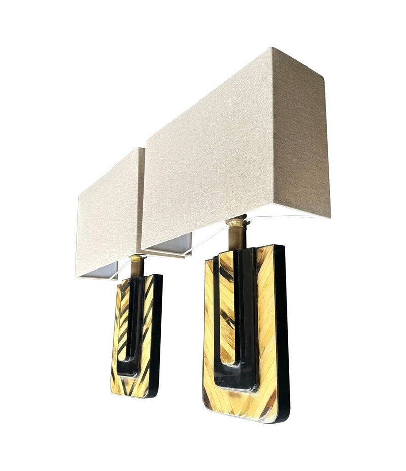 Mid century wall sconces lacquered marquetry bone and brass Italian 1970s