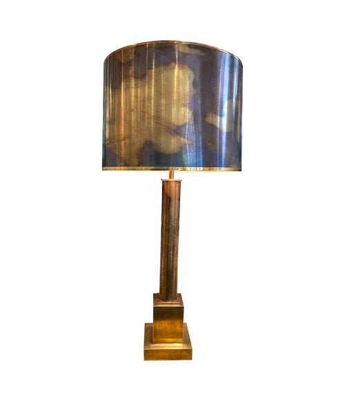 Mid Century Maison Charles table lamp - column modern - with original bronze shade - 1970s