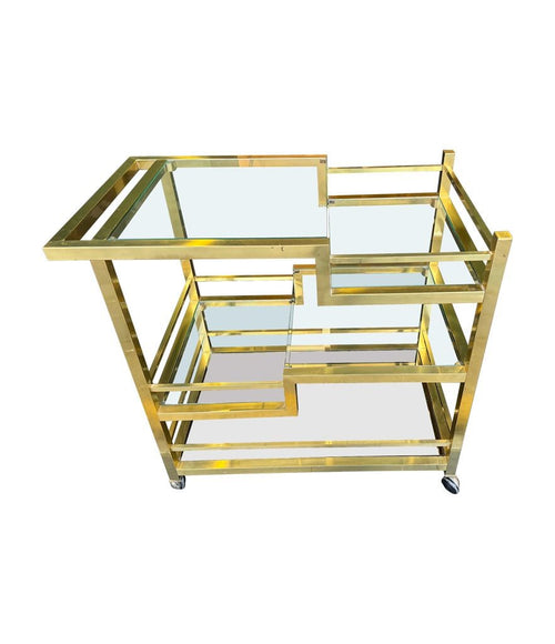 Mid century Romeo Rega Italian gilt metal bar trolley with smoked glass shelves