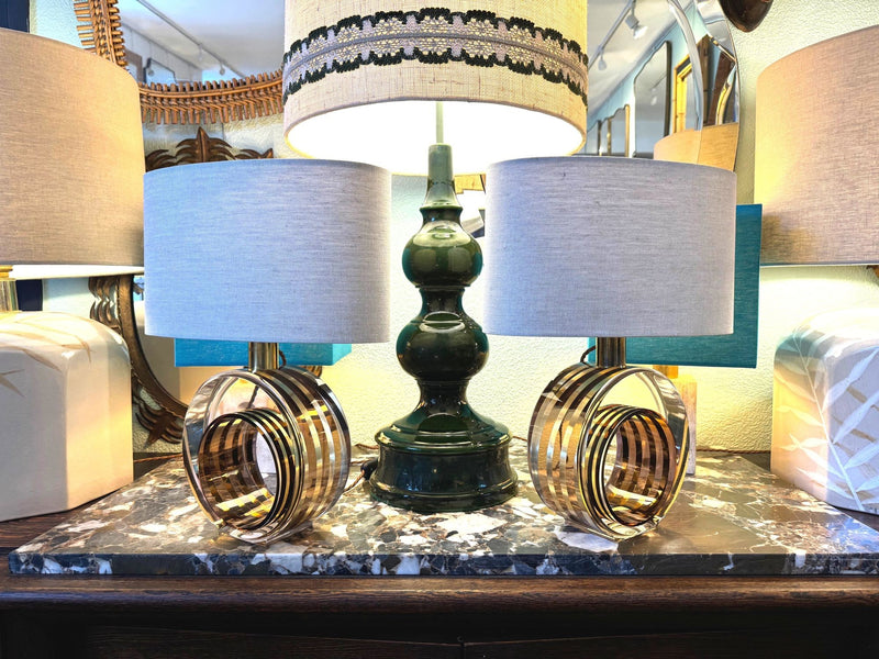 Mid century table lamps pinky bronze lucite and brass by Romeo Rega