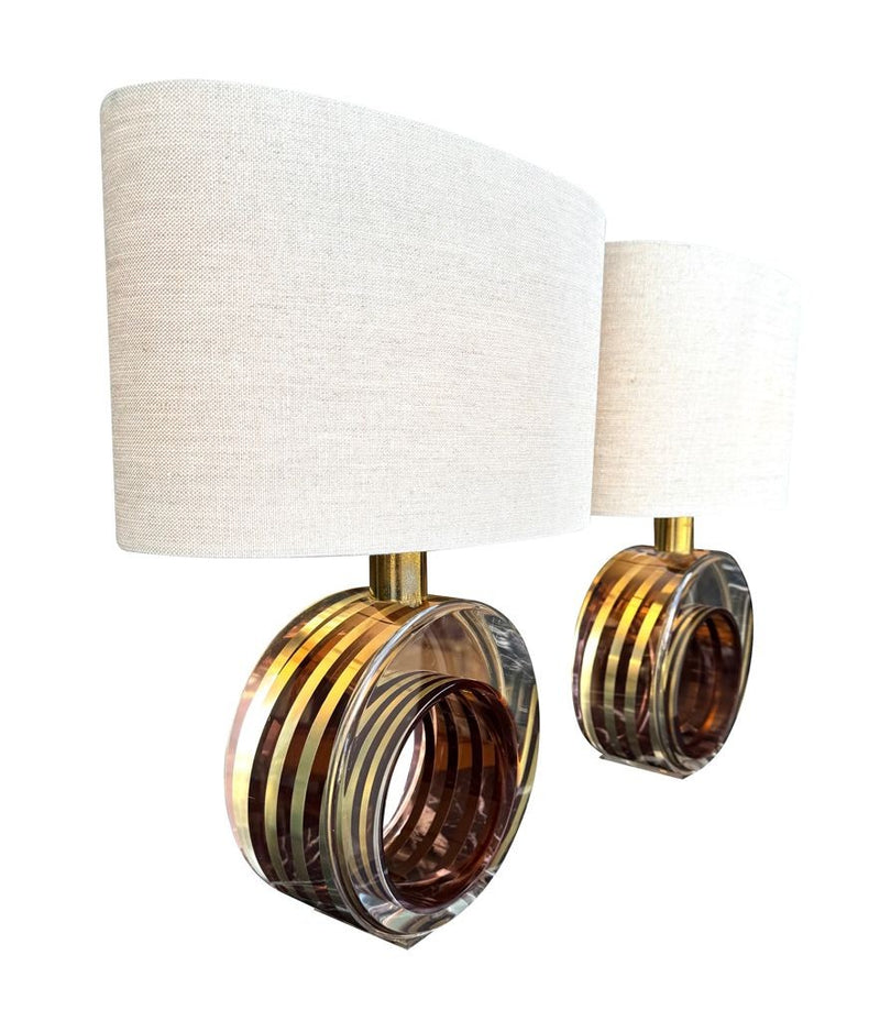 Mid century table lamps pinky bronze lucite and brass by Romeo Rega
