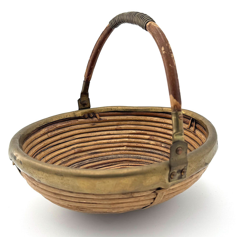 1970s woven bamboo and brass bowl in the style of Gabriella Crespi - Italian