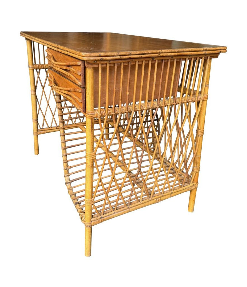Mid Century woven bamboo desk Italian by Bonacina with two drawers - Mid Century Furniture