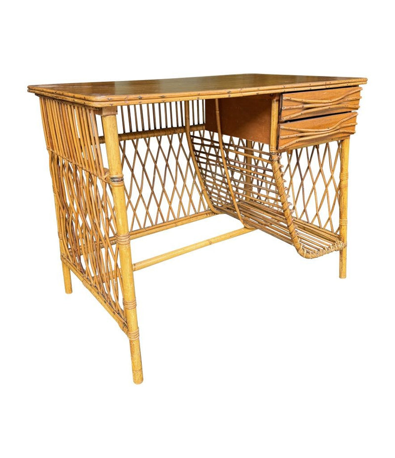 Mid Century woven bamboo desk Italian by Bonacina with two drawers - Mid Century Furniture