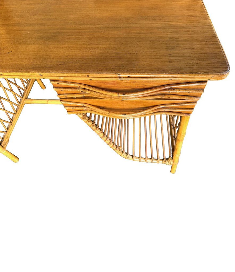 Mid Century woven bamboo desk Italian by Bonacina with two drawers - Mid Century Furniture