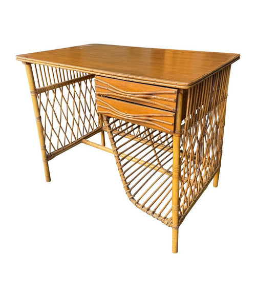 Mid Century woven bamboo desk Italian by Bonacina with two drawers - Mid Century Furniture