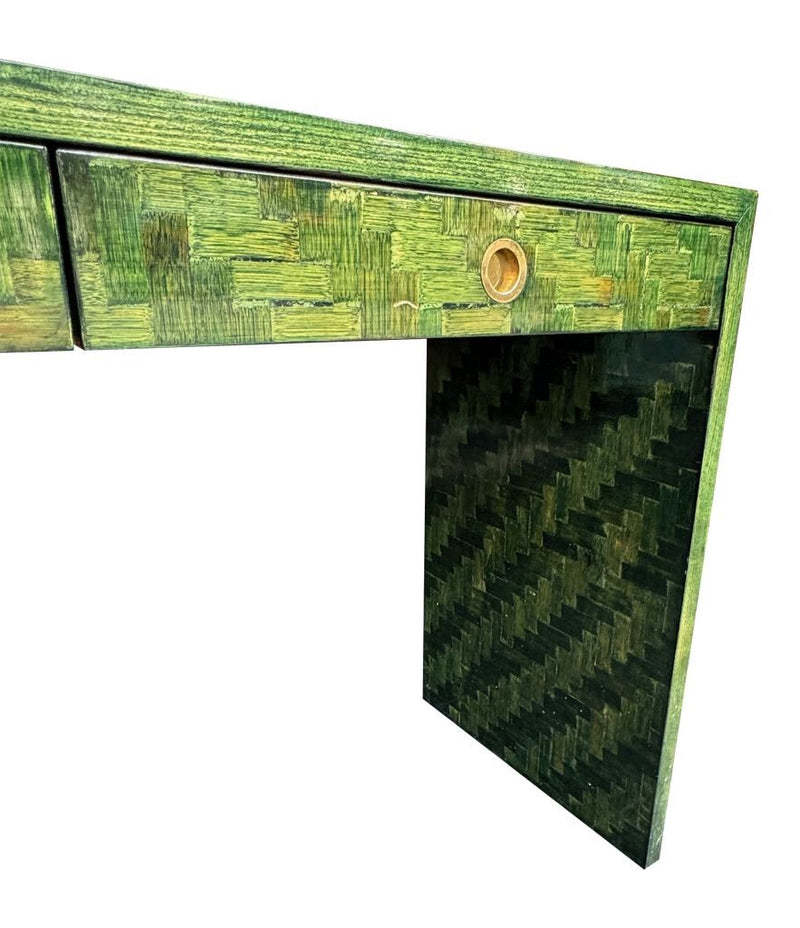 Mid Century console table woven green rattan by Vivai Del Sud