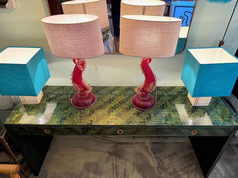 Mid Century console table woven green rattan by Vivai Del Sud