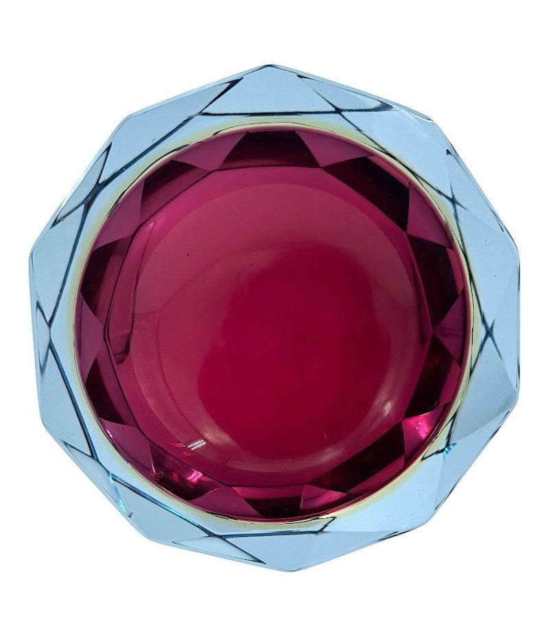 A large heavy 1960s faceted Sommerso Murano glass bowl by Seguso in blue, purple and yellow