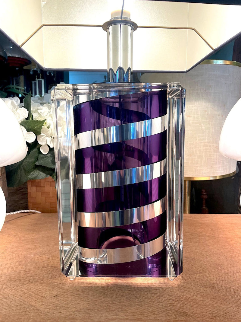A large Mid Century Table lamp made of lucite and chrome with purple and chrome stripes and a black shade - Mid Century Lighting