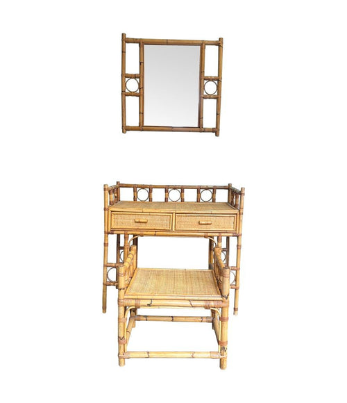 An Italian 1970s bamboo dressing table set with two drawer dressing table, stool and mirror