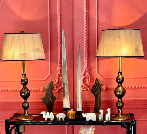 A pair of large Italian 1970s solid brass lamps with orignal satin shades