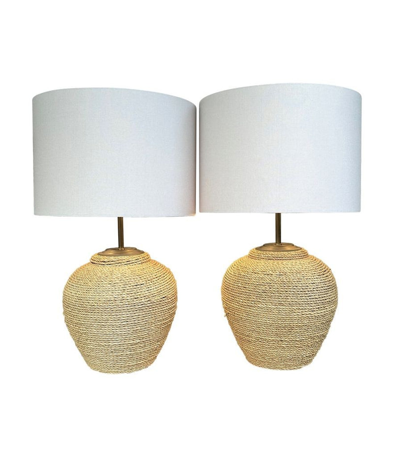 A pair of 1950s large Italian Riviera woven rope lamps with bronze fittings