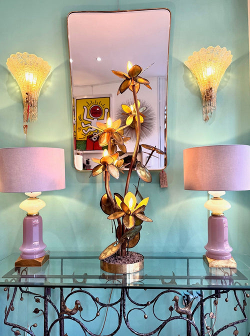 A 1970s unique handmade wrought iron console table with glass or solid marble top