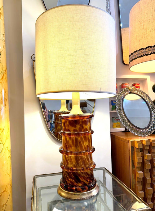 A wonderful large Italian 1970s faux tortoiseshell Murano glass and brass lamp