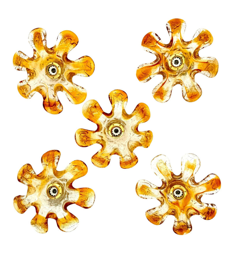 Five Italian 1970s Murano glass flower wall scones by Mazzega