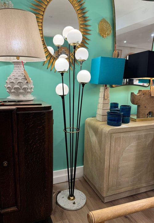 An orignal 1950s Stilnovo "Arberello" black lacquer and brass six light floor lamp