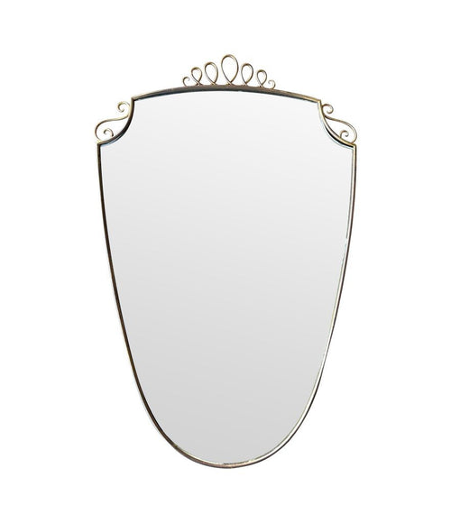 An orignal pair of 1950s Gio Ponti style Italian portrait brass framed mirror with brass top scroll detailing