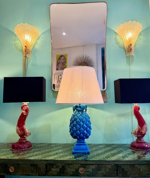 A large Italian 1950s turquoise ceramic pineapple lamp