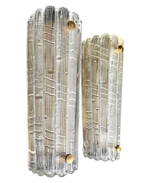 A large pair of Swedish 1960s Orrefors glass and brass wall sconces by Carl Fagerlund