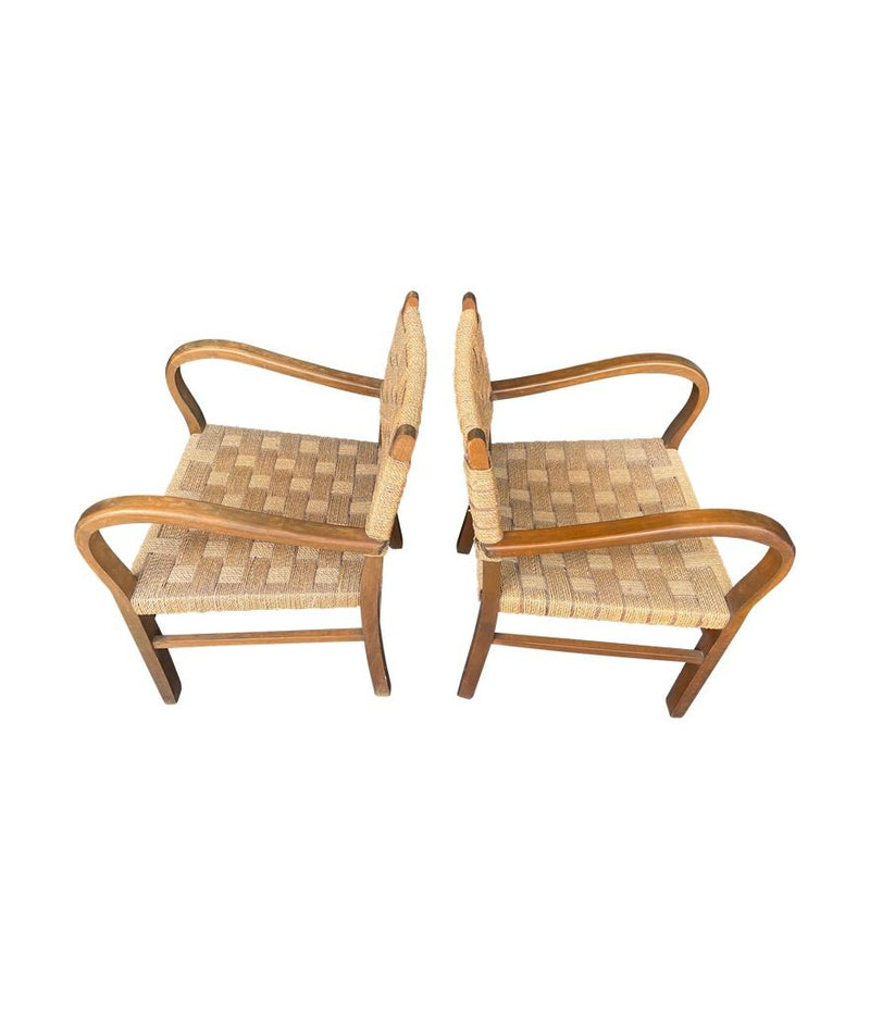 A pair of 1940s French Bauhaus bent wood chairs in the style of Erich Dieckmann with orignal woven rope seats