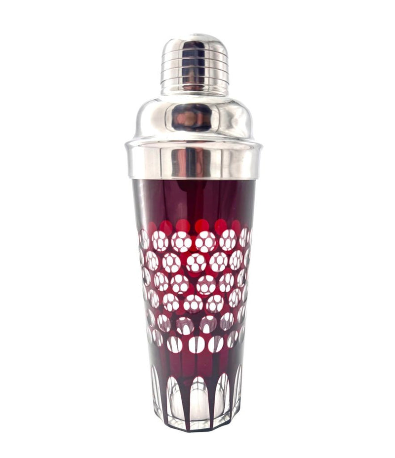 A 1950s French silver plated and ruby cut glass cocktail shaker