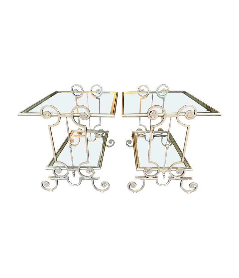 A pair of 1950s gilt wrought iron French side tables, with glass shelves