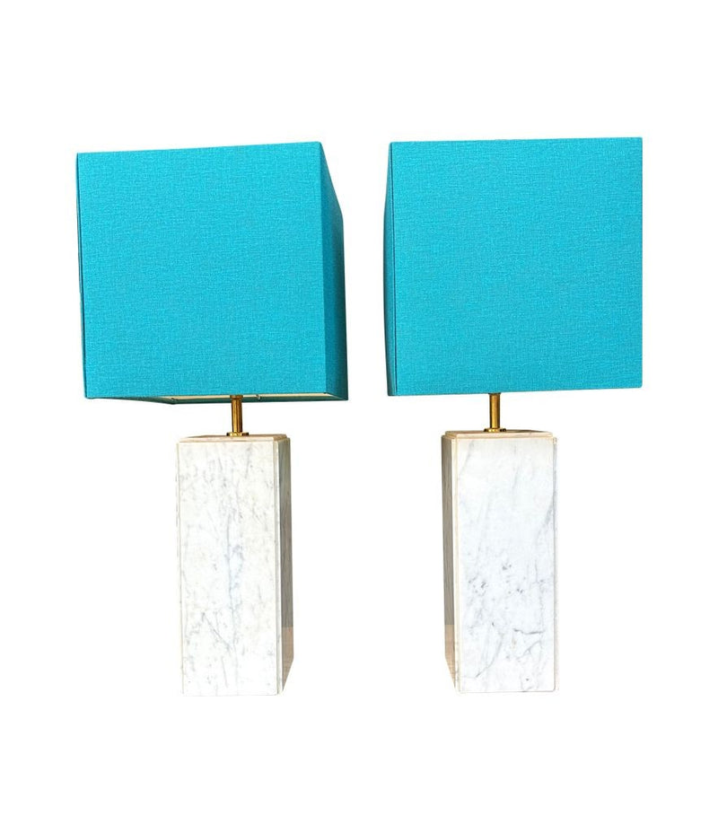 A pair of 1970s Belgian Carrera marble lamps by Porcelaine de Bruxelles