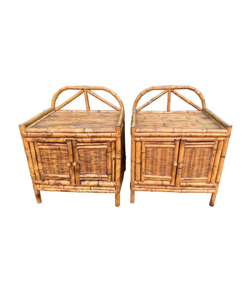 A pair of Italian 1970s Vivai Del Sud style tortoiseshell bamboo bedside tables with two doors