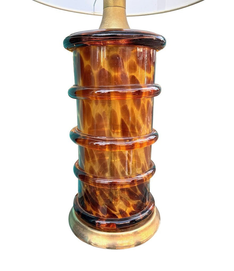 A wonderful large Italian 1970s faux tortoiseshell Murano glass and brass lamp