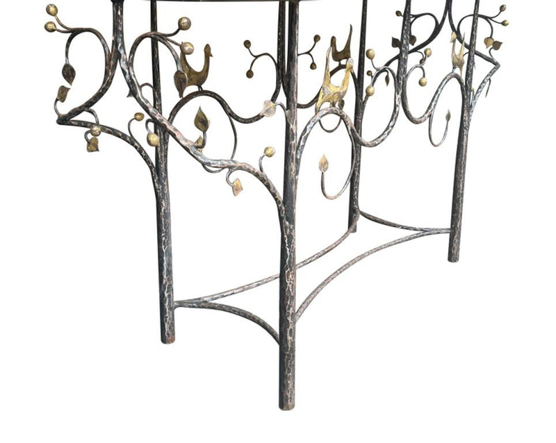 A 1970s unique handmade wrought iron console table with glass or solid marble top