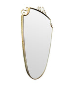 An orignal pair of 1950s Gio Ponti style Italian portrait brass framed mirror with brass top scroll detailing