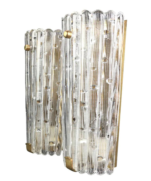 A large pair of Swedish 1960s Orrefors glass and brass wall sconces by Carl Fagerlund