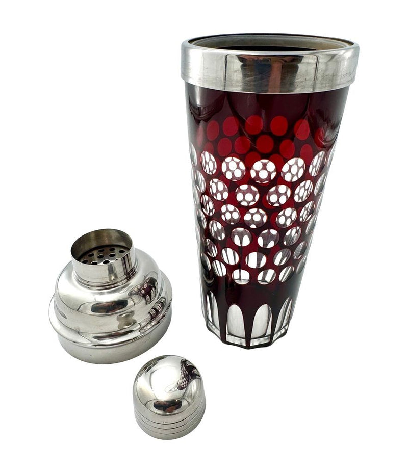 A 1950s French silver plated and ruby cut glass cocktail shaker