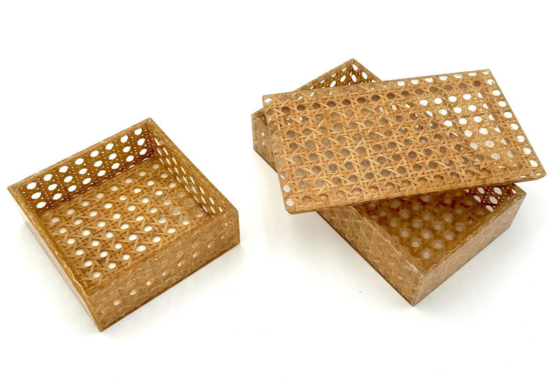 A Gabriella Crespi style Italian 1970s lucite and woven rattan two box set