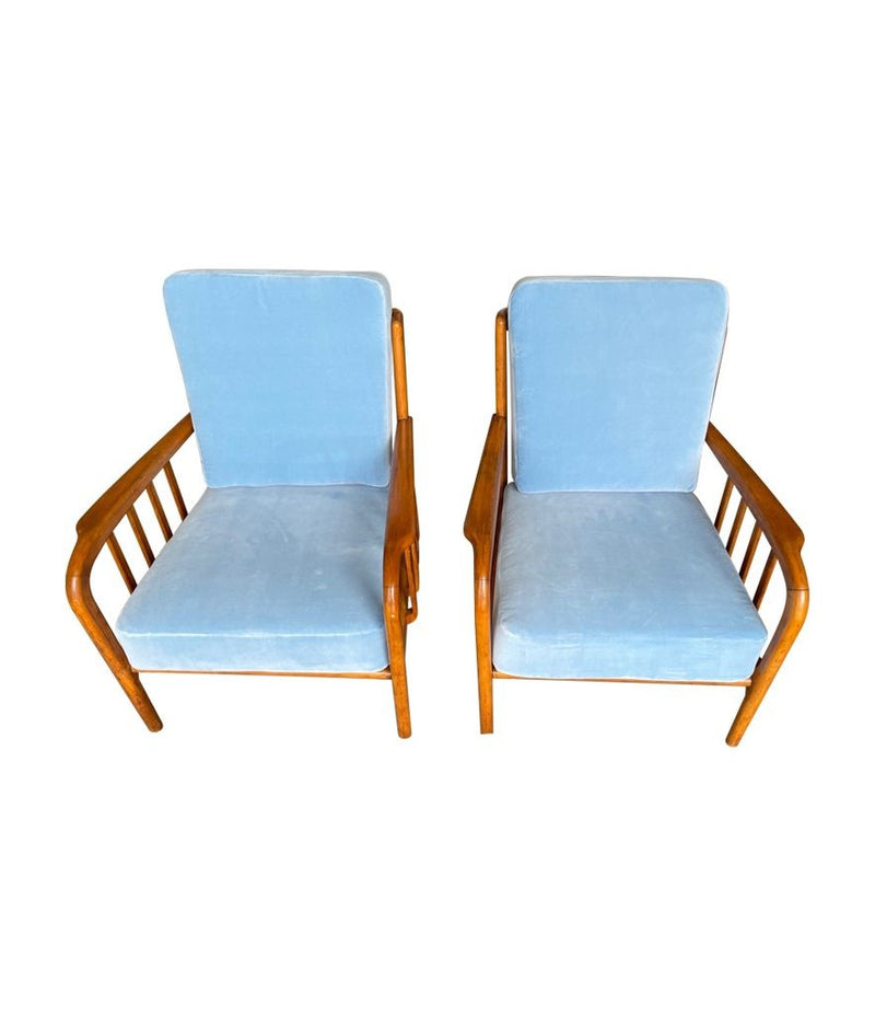 A pair of 1950s Italian armchairs attributed to Paolo Buffa, newly upholstered in Designers Guild velvet