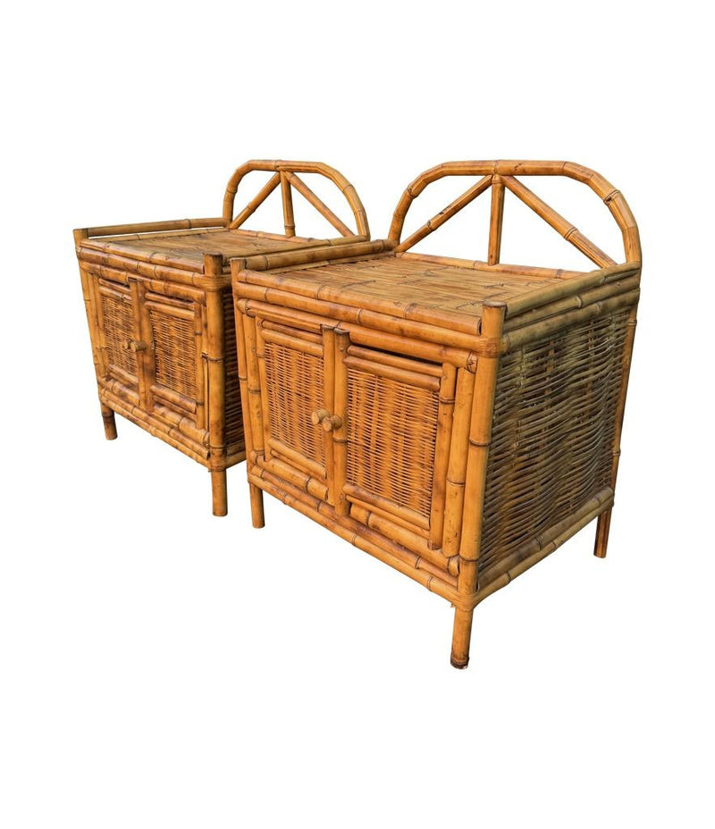A pair of Italian 1970s Vivai Del Sud style tortoiseshell bamboo bedside tables with two doors