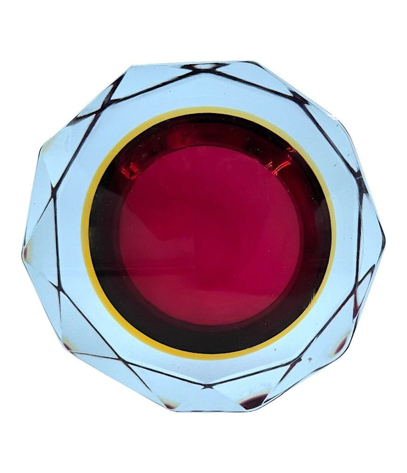 A large heavy 1960s faceted Sommerso Murano glass bowl by Seguso in blue, purple and yellow