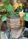 An Italian 1970s woven pencil reed hexagonal bamboo planter with brass top