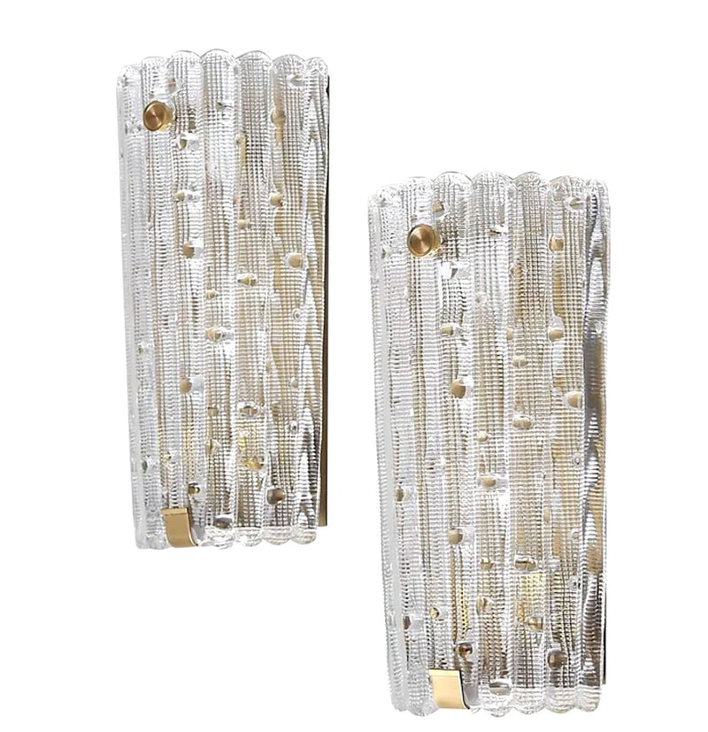 A large pair of Swedish 1960s Orrefors glass and brass wall sconces by Carl Fagerlund