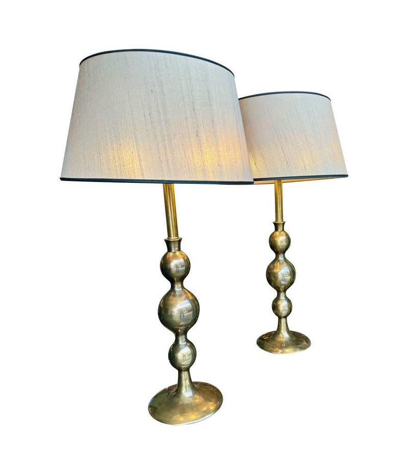 A pair of large Italian 1970s solid brass lamps with orignal satin shades