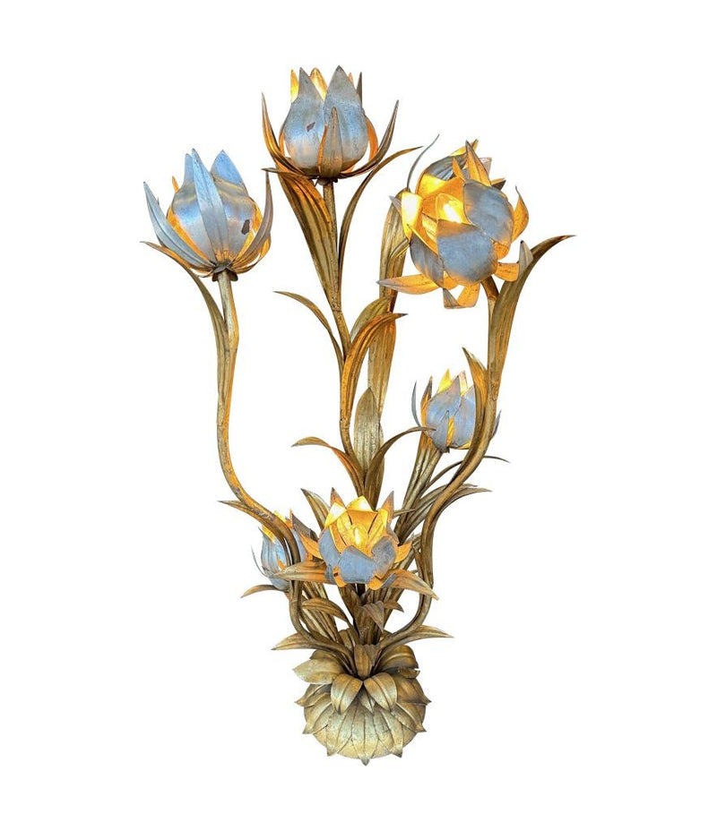 A wonderful 1960s Italian gilt metal flower lamp with seven lights in the flowers