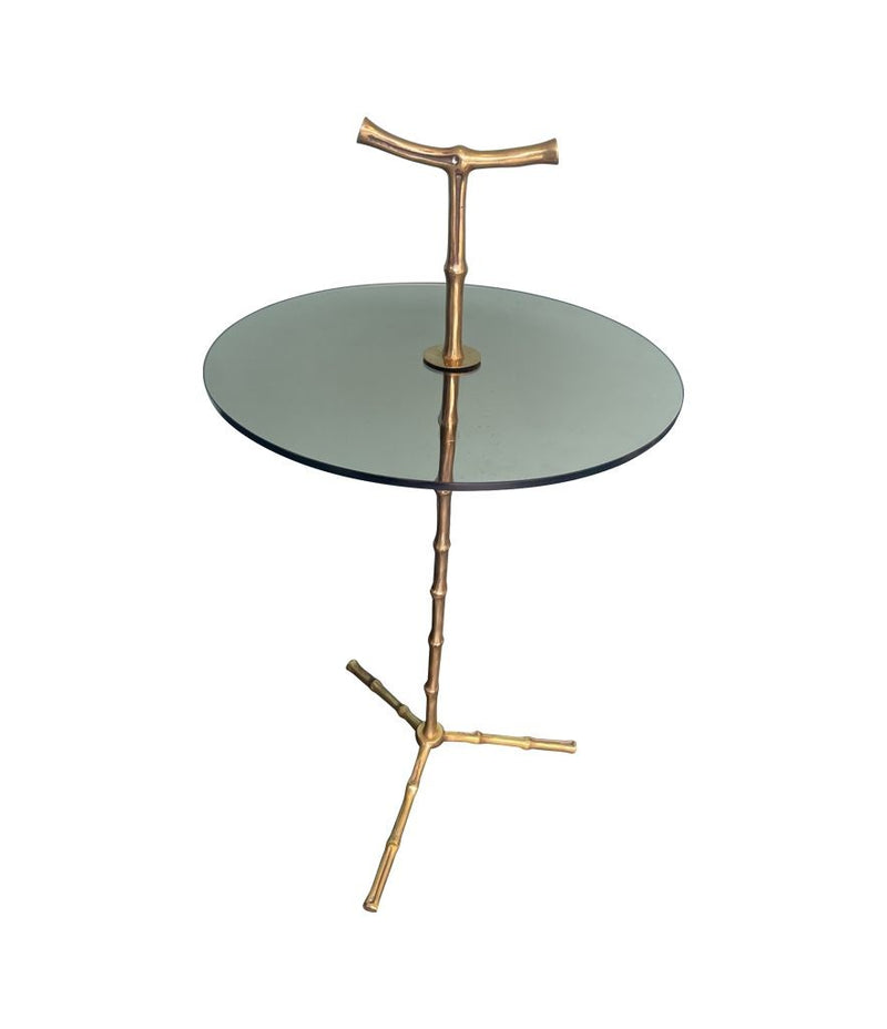 A pair of 1960s Maison Baques brass faux bamboo martini tables with smoked glass top